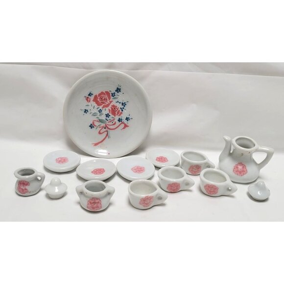 Vintage 1990s Miniature Dollhouse Porcelain 14 Piece Tea Set Pink Floral Design - Picture 1 of 8